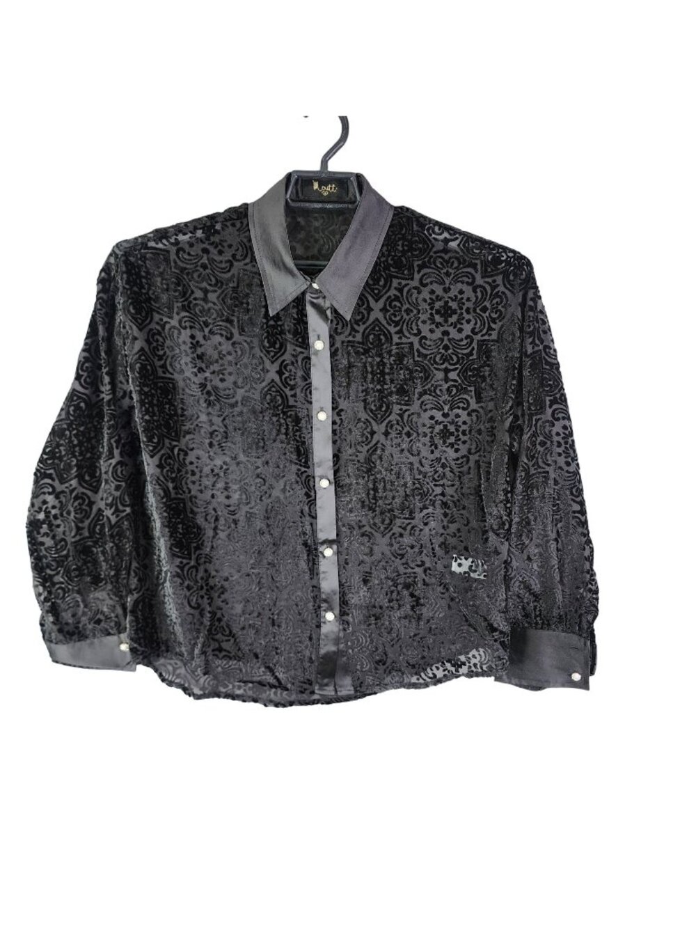 Womens Vintage Merritt Black Velvet Burnout Button Up Shirt Long Sleeve Size L